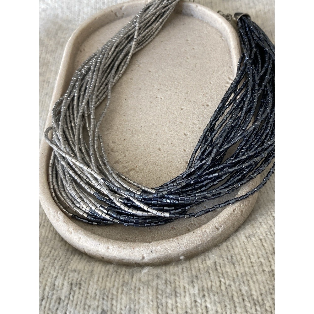 Black & Silver Tone Multi Strand Seed Bead Necklace Ombre Statement Collar